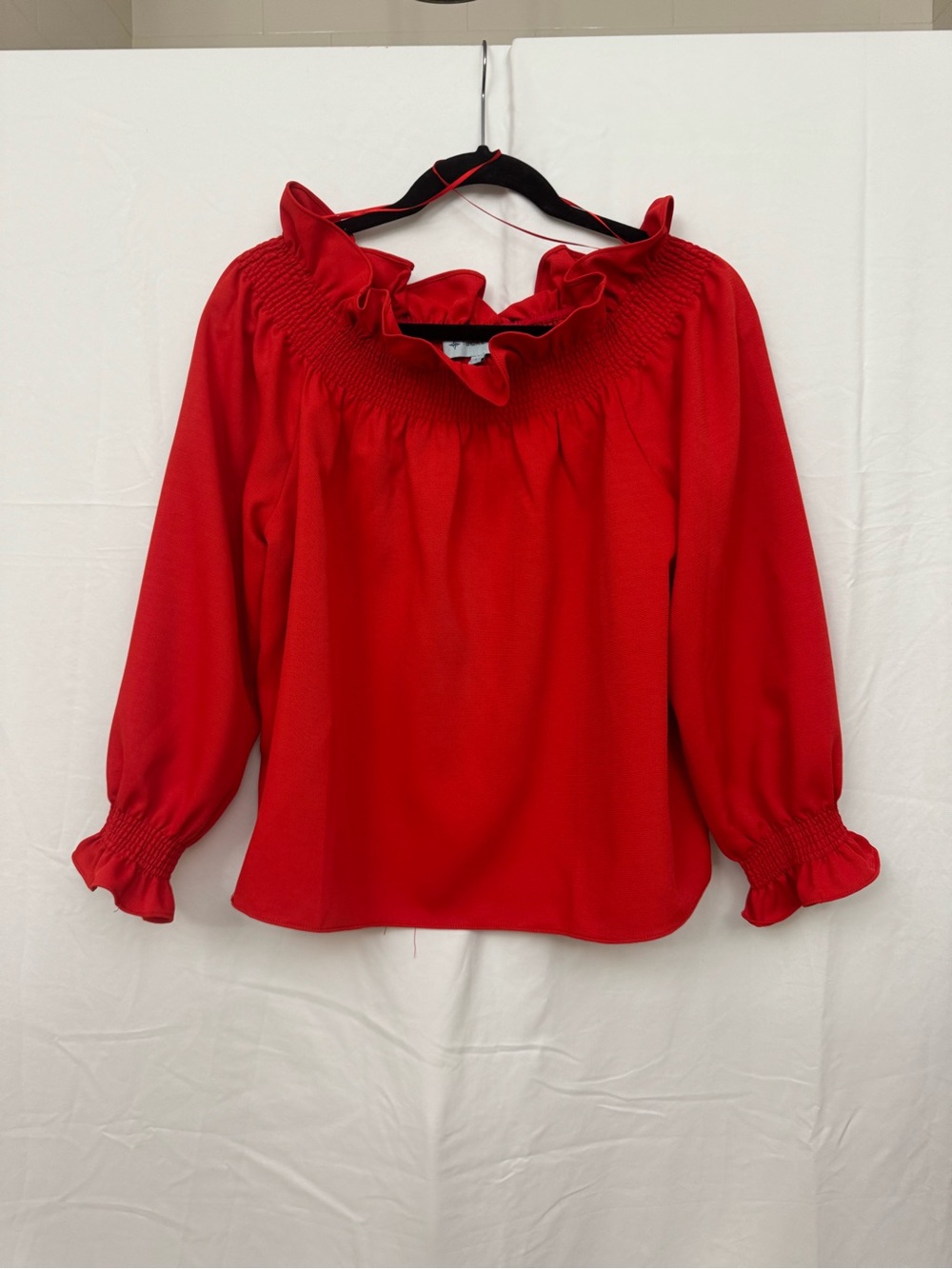 Tuckernuck Red Off the Sholder Ruffle Smocked-Neck Long Sleeve Blouse